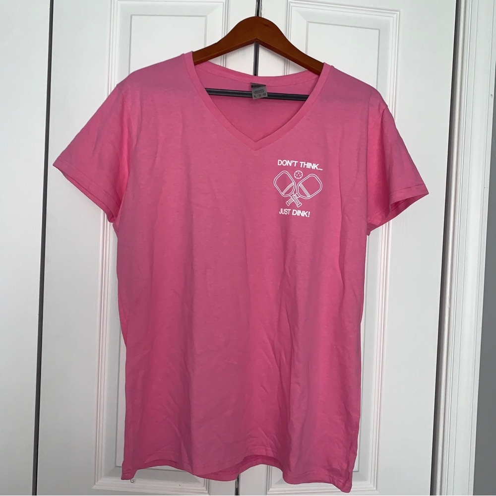 Ladies Pink Pickleball Shirt V Neck Cotton XL Short Sleeve Gildan